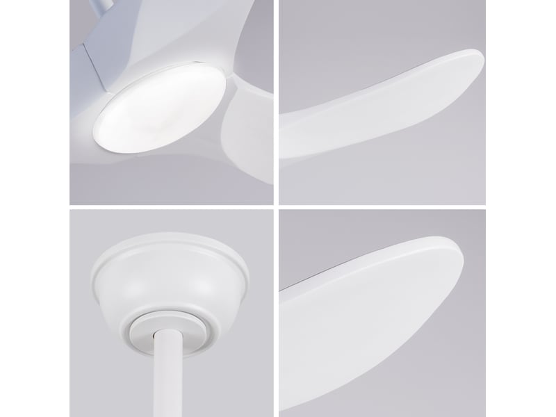 Ventilateur de plafond 42 pouces avec éclairage et télécommande, trois pales blanches en bois massif, 3cct, dimmable, réversible, 6 vitesses et fonction mémoire - Conforama D