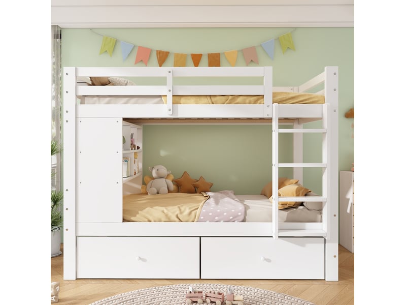  Lit superposé enfant 90x200 cm – blanc – 2 tiroirs, étagère ouverte et échelle intégrée – sans matelas  - Conforama B