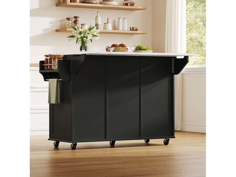  Île de cuisine sur roulettes 143 x 45 cm avec plaque de travail pliante, chariot de cuisine avec 2 tiroirs, 2 portes, étagères à épices et porte-serviettes, placard de cuisine mobile noir  - Conforama D