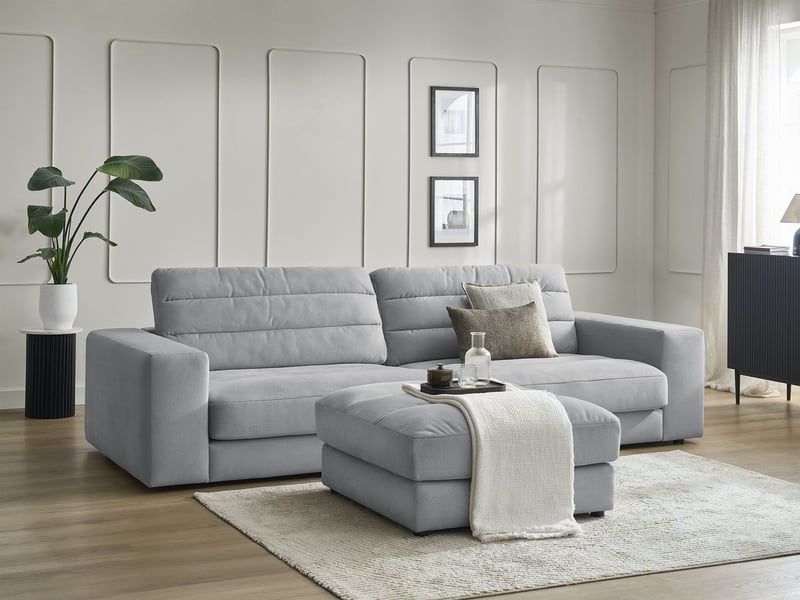  Bobochic canapé droit fixe 3 places sierra velours avec pouf gris clair SIERRA - Conforama B