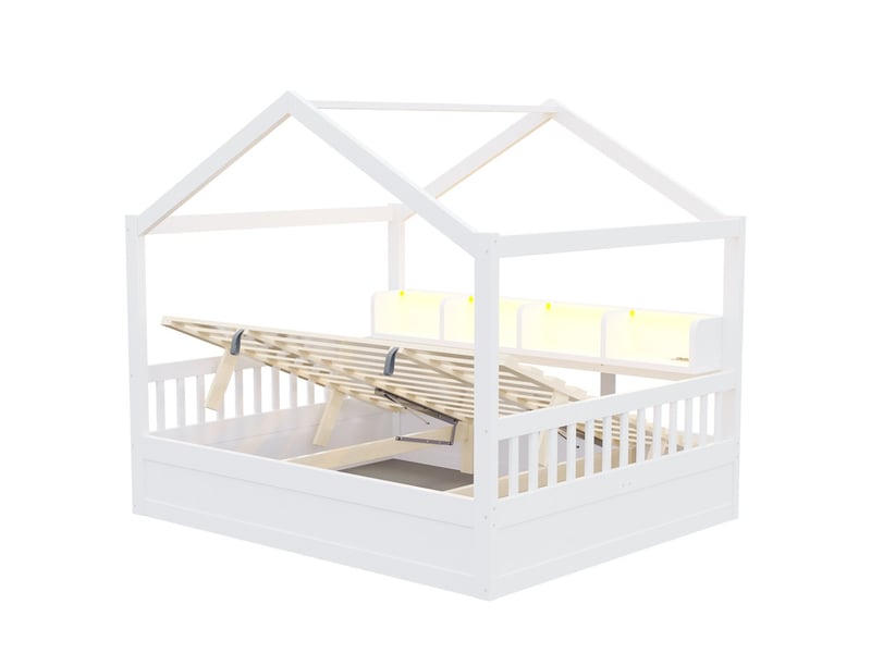  Lit cabane en bois, 140 × 200 cm, avec coffre de rangement hydraulique, toit et barrière de sécurité, blanc  - Conforama E