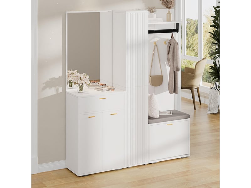 Vestiaire compact étroit avec miroir tringle à vêtements 3 portes étagère à chaussures basculante banc et tiroir blanc  - Conforama B