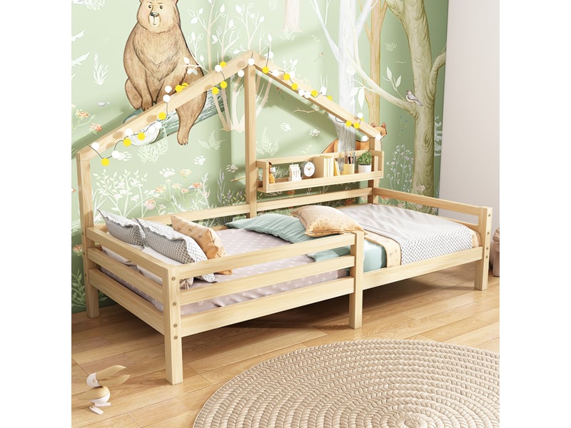  Lit cabane pour enfant avec étagère en forme de cheminée, 90x200 cm, naturel  - Conforama B