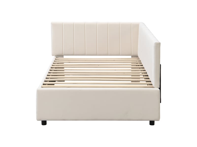  Lit banquette 90x200 cm multifonction en velours beige, rembourré avec sommier à lattes  - Conforama E