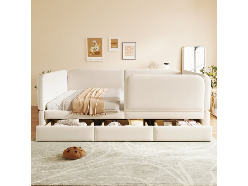  Lit enfant rembourré tcqpz 140 x 200 cm avec contour arrondi, 3 tiroirs de rangement, velours beige  - Conforama D