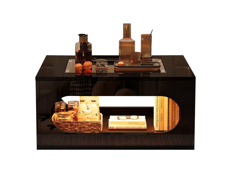  Table basse carrée 70x70x35 cm, table de salon led avec plateau en verre trempé, design creux, noir  - Conforama A