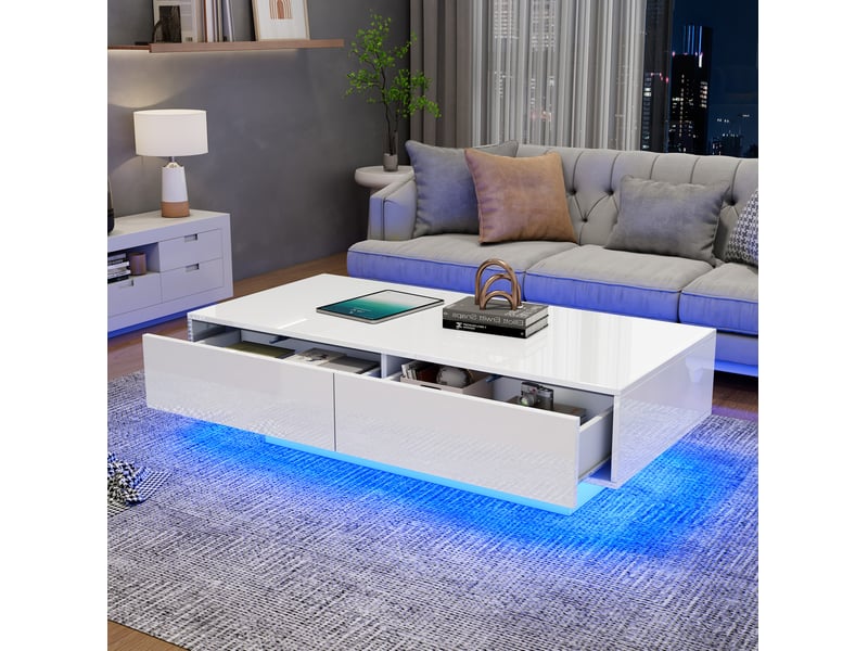  Table basse moderne laquée 115x55x34cm éclairage led intégré 2 tiroirs fini laqué brillant panneau de particules blanc  - Conforama W