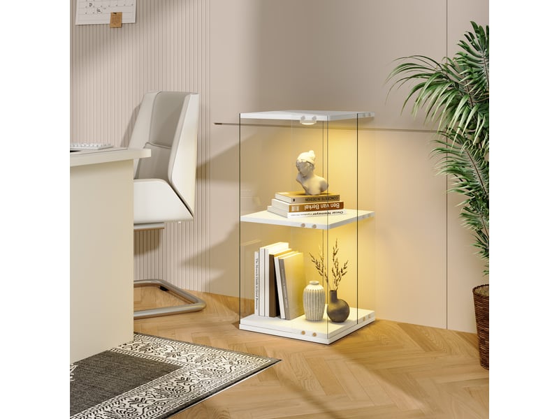  Vitrine en verre avec éclairage,rotation à 360°,82 x 38 x 38 cm,à deux niveaux,blanc  - Conforama E