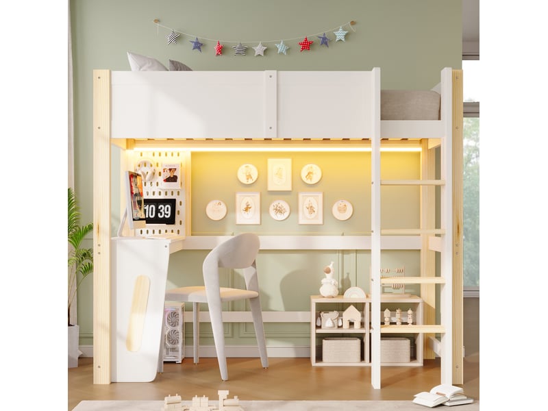 Lit mezzanine 90x200 cm en pin et mdf, naturel et blanc, avec bureau et led  - Conforama E