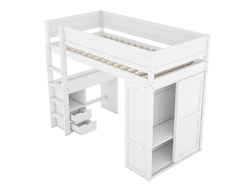 Lit mezzanine blanc 90x200 cm, armoire, bureau et tiroirs intégrés - Conforama E