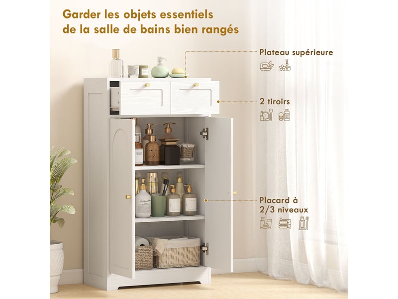  Meuble de salle de bain meuble de rangement avec 2 tiroirs double porte arquée étagères réglables blanc 60x30x108cm  - Conforama D