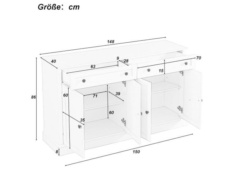  Buffet bas modenvie 4 portes 2 tiroirs 150 x 40 x 86 cm blanc antique  - Conforama C