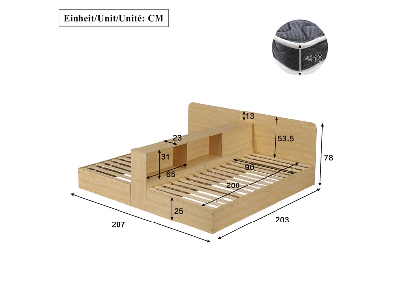 Lit pour 2 enfants avec 2 couchages 90x200cm, séparation centrale et niches de rangement des deux côtés, cadre en bois, naturel evarich - Conforama C