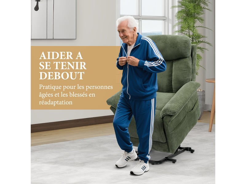 Fauteuil relax en velours côtelé avec releveur électrique, télécommande, poche latérale, réglable 90 à 160°, vert  - Conforama W
