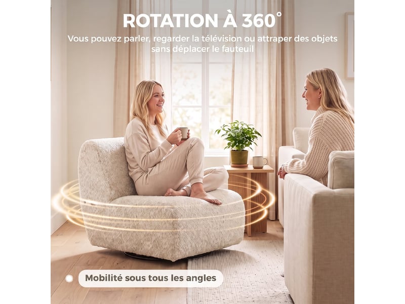  Fauteuil de salon pivotant 360°, rembourrage épais, canapé 1 place rembourré en chenille avec assise extra-large, beige  - Conforama R