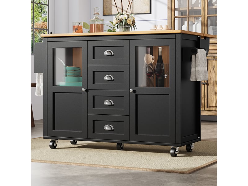  Îlot de cuisine mobile avec plateau pliable, desserte de cuisine à 4 tiroirs et 2 portes vitrées, porte-épices, 137x73cm, noir  - Conforama C