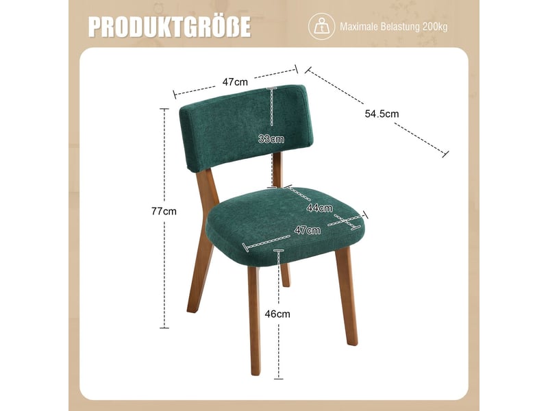 Chaise de salle à manger style mid-century moderne chaise de cuisine assise rembourrée pieds en bois massif revêtement en lin vert - Conforama C