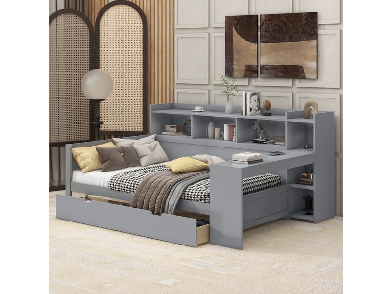  Lit combiné 90 x 200 cm avec bureau, 2 tiroirs, prises usb et rangements, gris  - Conforama B
