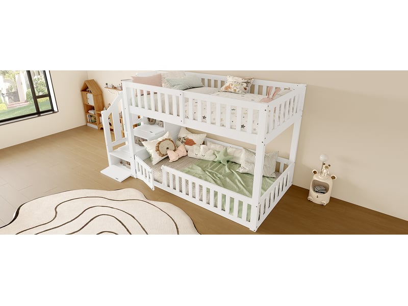  Lit superposé 90x200 cm avec escalier de rangement, en bois, blanc, sans matelas  - Conforama D
