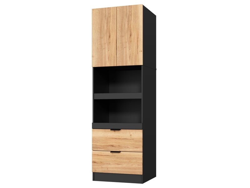  Armoire de cuisine haute 59,5 x 45 x 200 cm – noire – 2 tiroirs, niches coulissantes et anti-basculement  - Conforama C