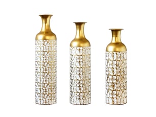 Lot de 3 vases sur pied 50x66x85 cm, décor floral, métal, doré et blanc