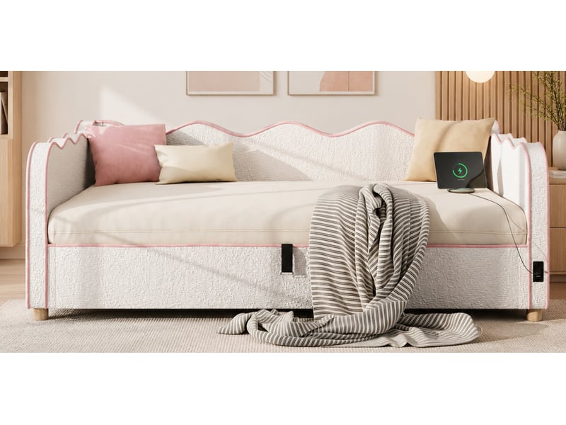  Lit banquette coffre 90x200 cm en bouclé beige lit enfant simple avec usb et type-c  - Conforama W