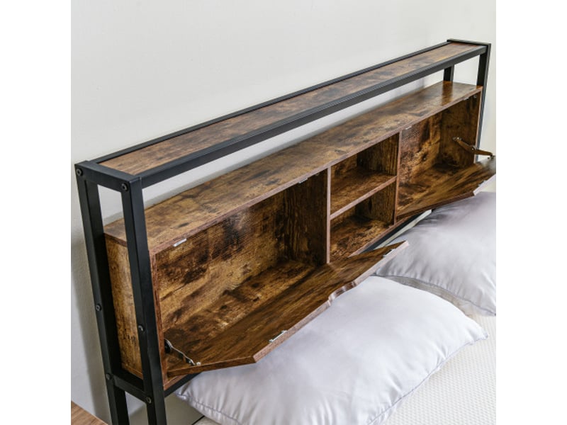 Lit en métal 140x200cm avec tête de lit rangement et sommier à lattes, noir - Conforama R