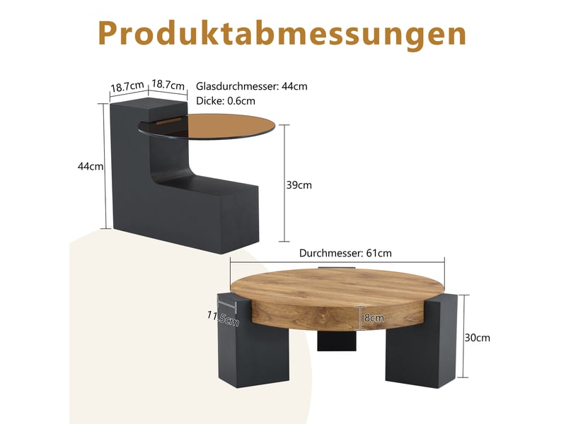  Table basse ronde à 2 niveaux avec plateau en verre transparent et pieds en l modulables, pour salon, noir et bois  - Conforama D