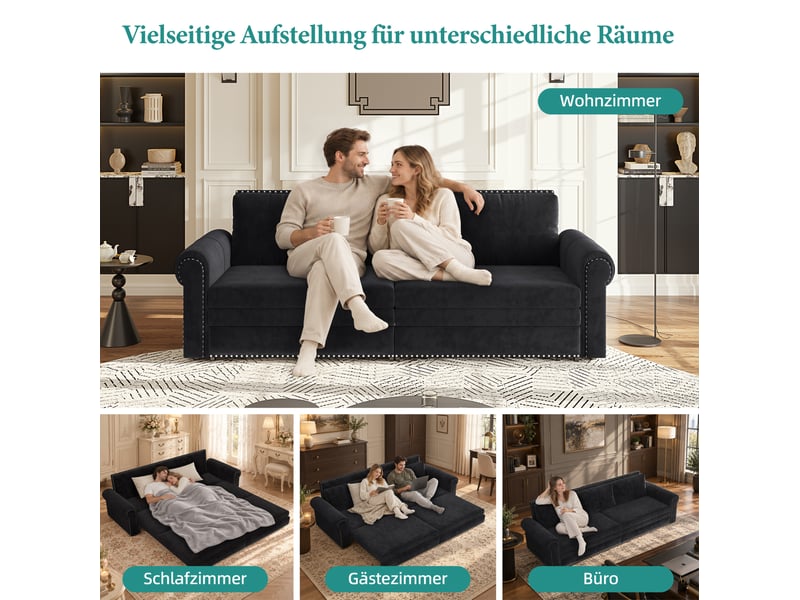  Canapé droit convertible 3 places en velours noir, 238 cm, style classique avec accoudoirs arrondis  - Conforama E