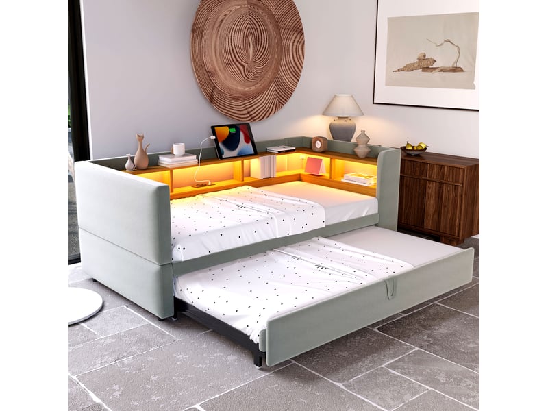  Lit banquette rembourré extensible 90x190 à 180x190 cm avec rangements, led multicolore, prises électriques, sommier à 24 lattes, flanelle gris clair Radiant Stride - Conforama B
