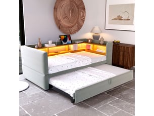 Lit banquette rembourré extensible 90x190 à 180x190 cm avec rangements, led multicolore, prises électriques, sommier à 24 lattes, flanelle gris clair