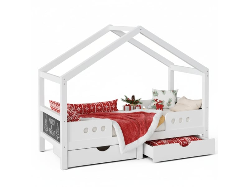 Lit cabane enfant toit 2 grands tiroirs cadre bois mdf vernis uv inodore charge max 120 kg adapté matelas 90x200 cm blanc  - Conforama A