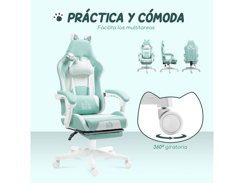  Chaise gaming inclinable verte avec repose-pieds rétractable, soutien lombaire et appui-tête amovible  - Conforama W