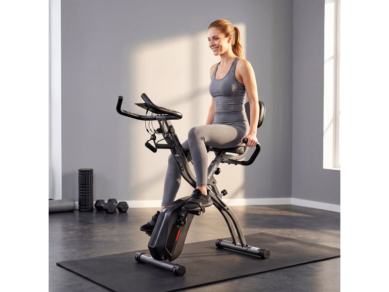  Vélo d'exercice pliable 3-en-1 avec bandes de résistance, application bluetooth, résistance magnétique à 8 niveaux, écran lcd  - Conforama D