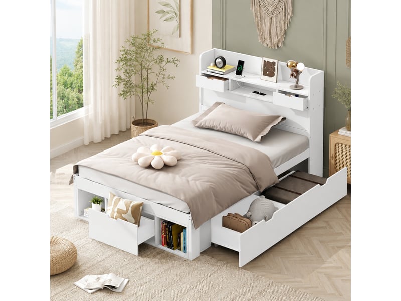  Lit simple multifonction 90x200 cm blanc avec armoire de rangement, tiroirs, port usb et type-c, sommier à lattes  - Conforama D