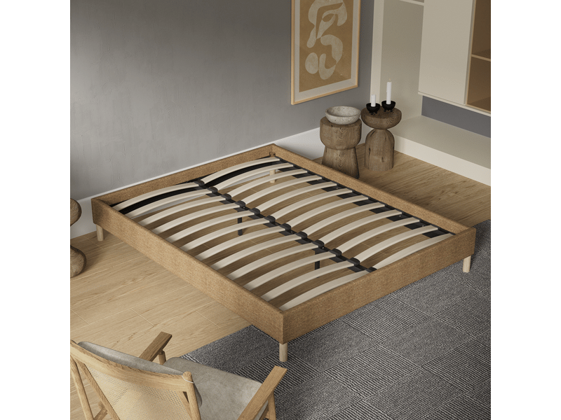 Lit 180x200 cm avec sommier, tissu brun, lattes et pieds en bois Alya brun - Conforama R