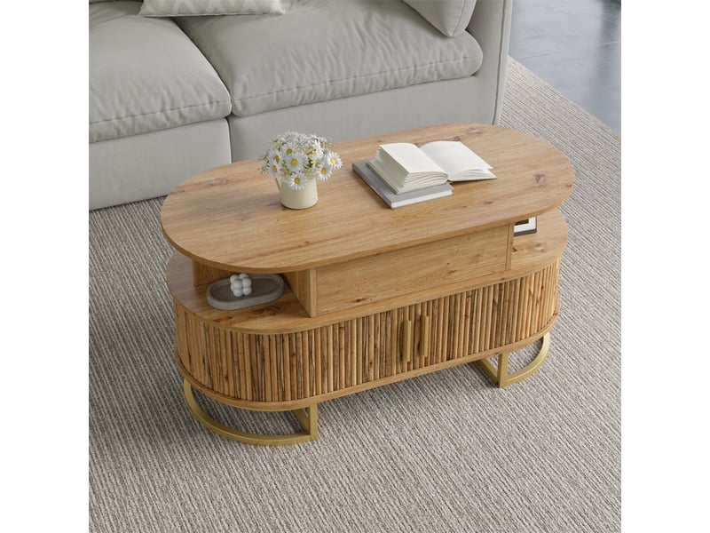  Table basse ovale relevable – 100 x 50 x 49.5 cm – plateau relevable &amp; portes coulissantes – mdf - naturel  - Conforama D