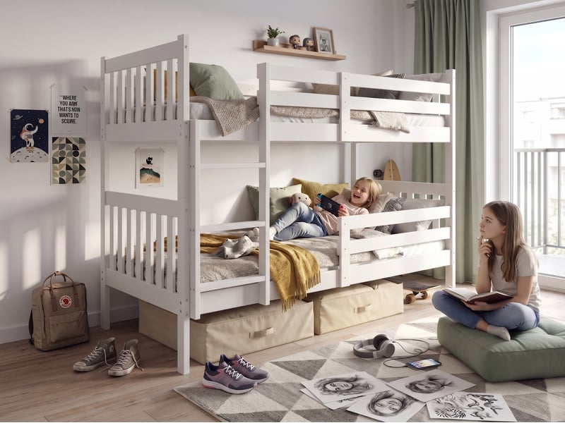  Lit superposé séparable 90x200 cm kacper interbeds - bois massif de pin avec barrière, sommier - blanc  - Conforama D