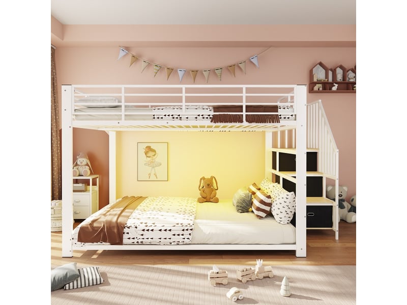  Lit superposé blanc et noyer en mdf et métal 140x200 cm, éclairage led et sécurité  - Conforama E