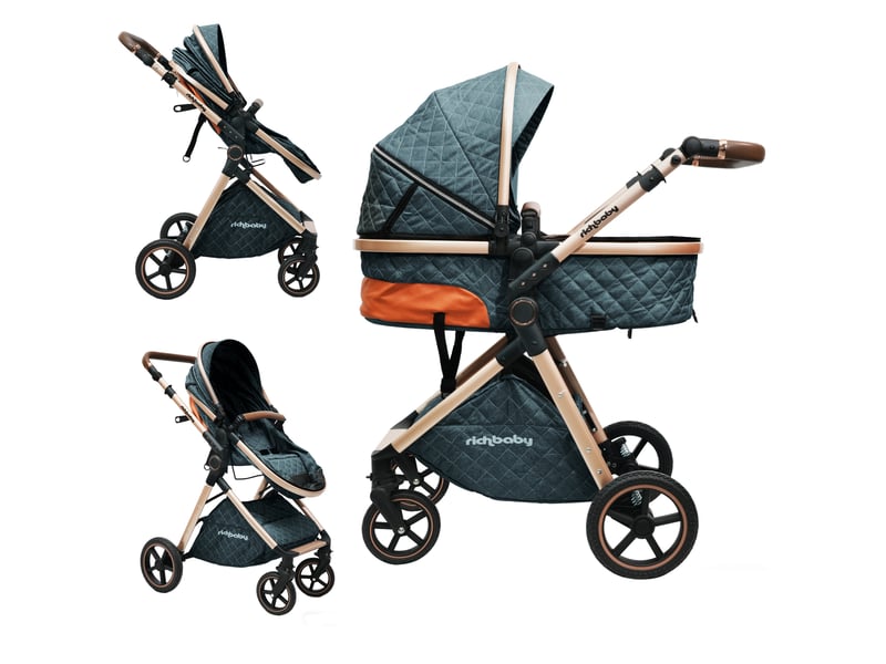 Poussette combinée 2 en 1 pour nouveau-né 80 x 62 x 106 cm antique blue en métal, nacelle réversible et pliage à une main - Conforama B