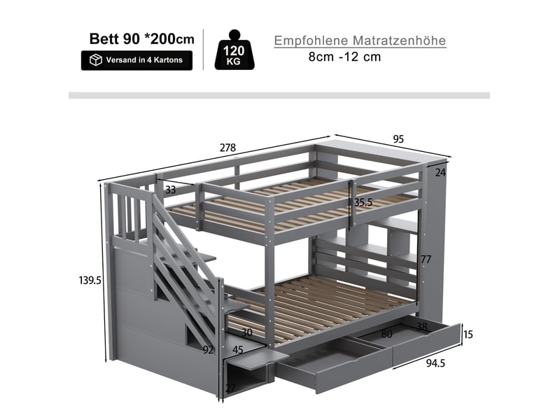  Lit superposé enfant et adolescent 90 x 200 cm gris, escalier et tiroirs de rangement  - Conforama C