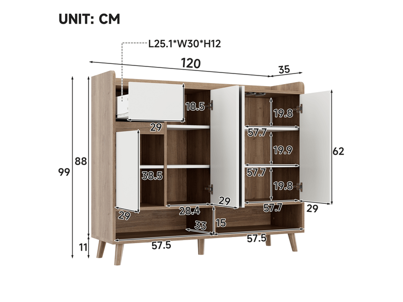  Meuble de rangement blancbois 120 cm - 4 portes, 1 tiroir, rangement modulable - idéal séjour  - Conforama D