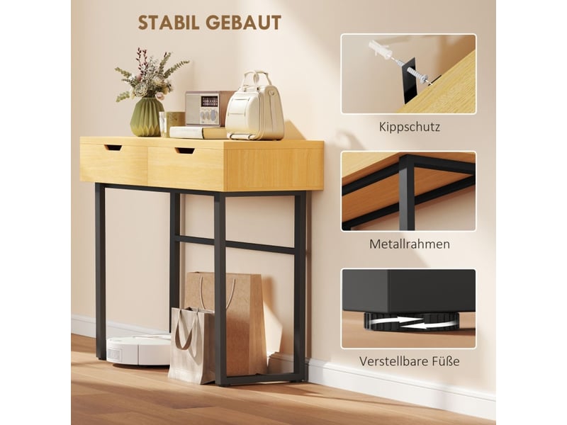  Table basse avec rangement 110 x 35 x 76 cm 2 tiroirs cadre métal format étroit finition naturelle  - Conforama E