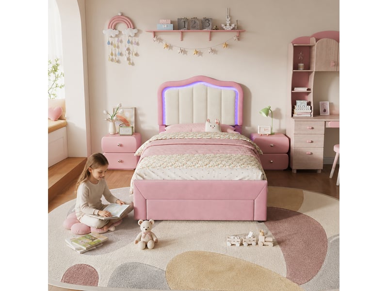  Lit enfant 90x200 cm, lit simple avec 1 tiroir et éclairage led couleur rose et blanc sans matelas, design moderne  - Conforama D