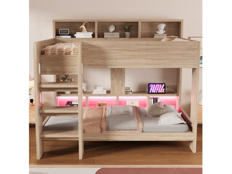 Lit superposé 90x200 cm, 2 couchages, casiers, led, prises, échelle, mdf, bois naturel, sans matelas - Conforama B