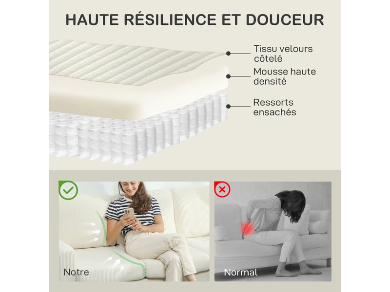  Canapé 3 places en velours côtelé, canapé avec coussins à ressorts et assise rembourré, beige, 192x80x84,5cm  - Conforama A