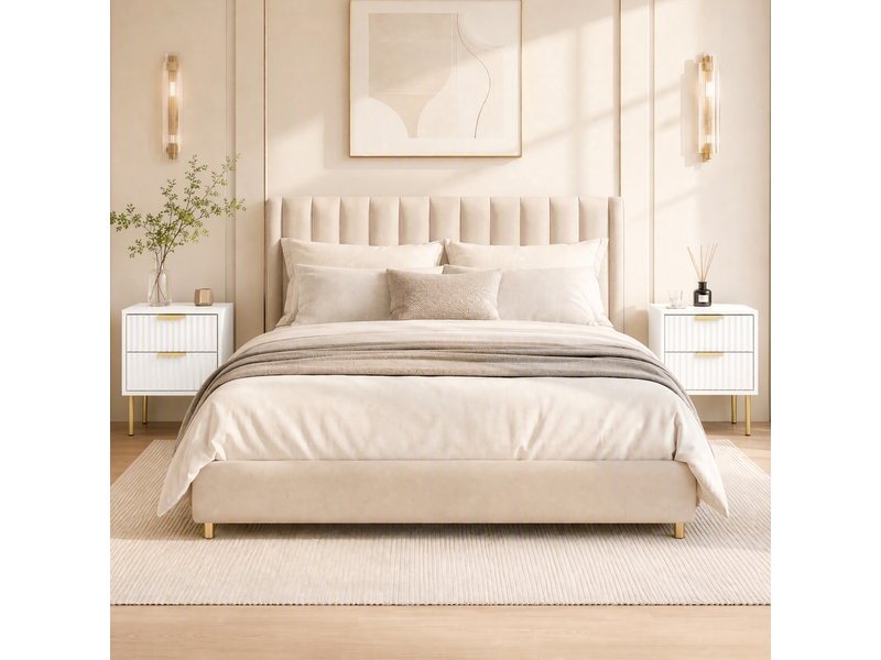  Chevet design contemporain 2 tiroirs effet cannelé coloris champagne doré blanc  - Conforama B