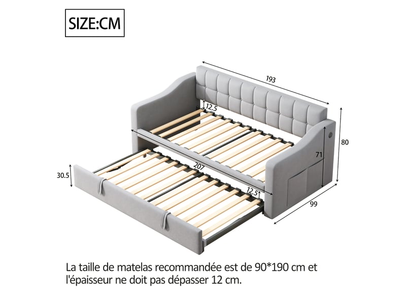 Canapé-lit 2 en 1 velours gris clair 90x180 cm, usb intégré et poche de rangement - Conforama C