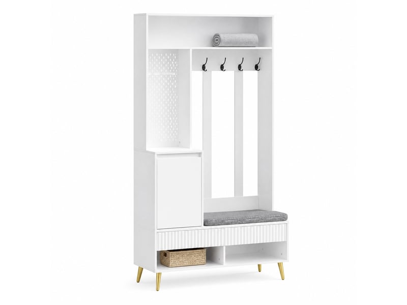  Meubles d'entrée 6 en 1 avec 1 porte, 2 tiroirs, 4 patères et banc pour couloir en mdf blanc 100 × 35 × 180 cm  - Conforama A
