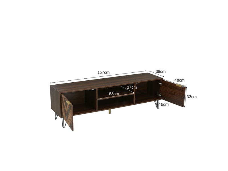  Meuble tv, placage bois massif, fer, 2 portes, poignées dorées, design moderne et élégant pour salon  - Conforama C